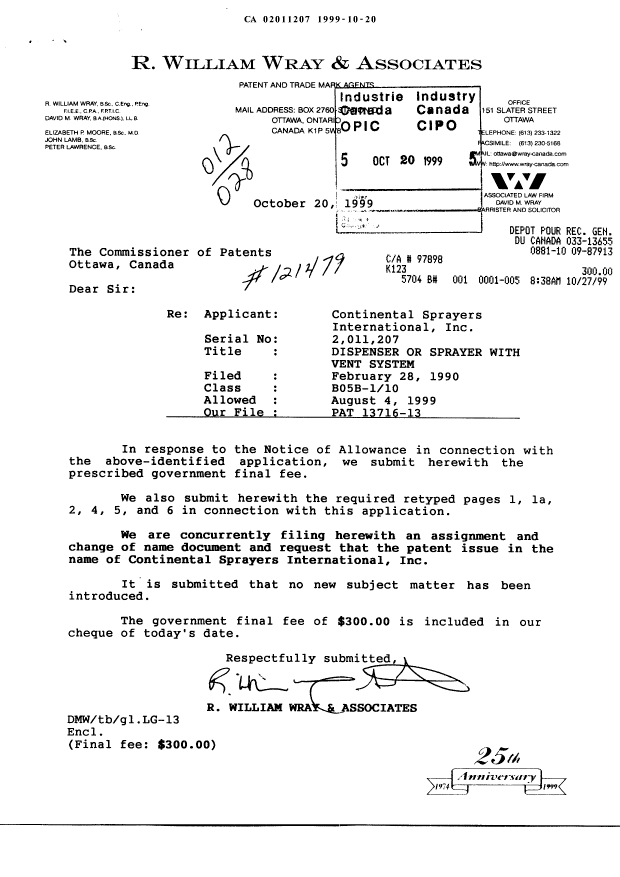 Document de brevet canadien 2011207. Correspondance 19981220. Image 1 de 7