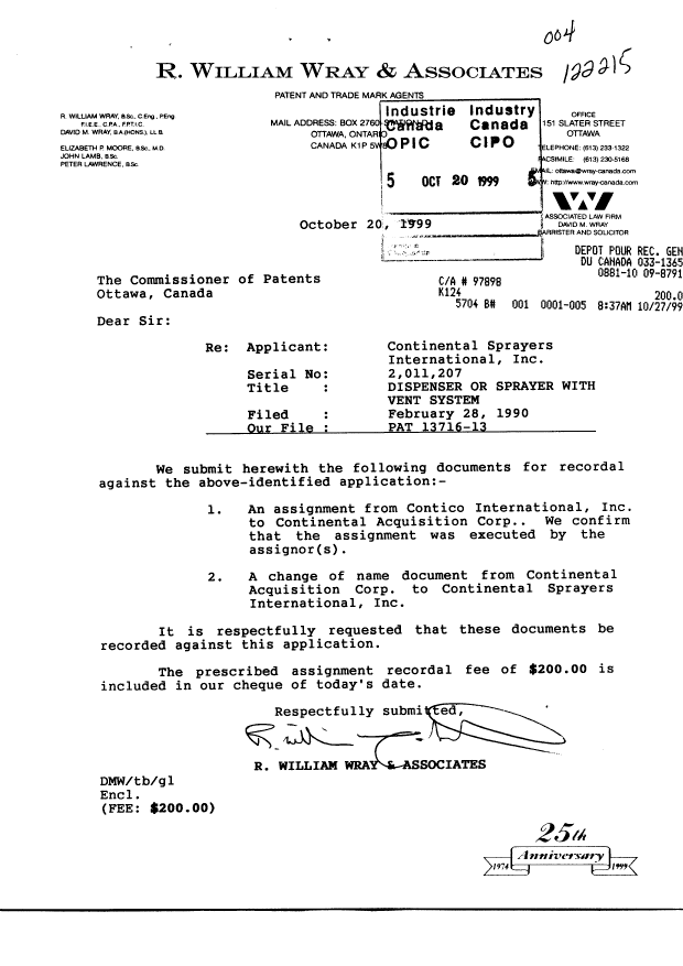 Canadian Patent Document 2011207. Assignment 19981220. Image 1 of 12