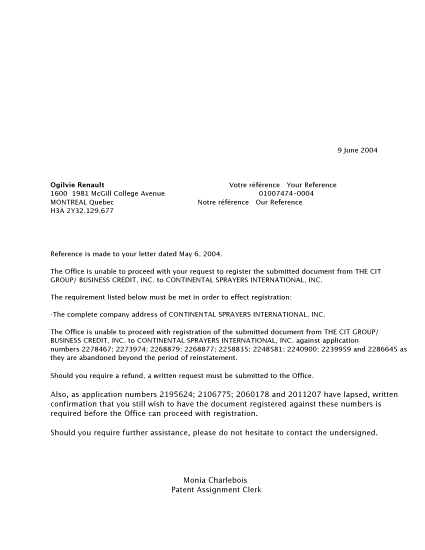 Canadian Patent Document 2011207. Correspondence 20031209. Image 1 of 2