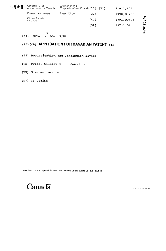Canadian Patent Document 2011609. Cover Page 19921212. Image 1 of 1