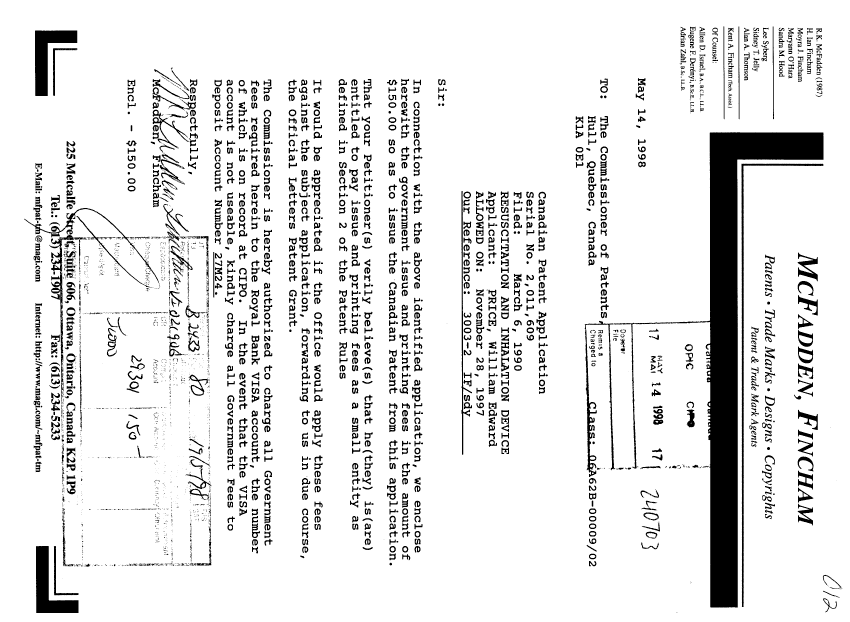 Canadian Patent Document 2011609. Correspondence 19971214. Image 1 of 1
