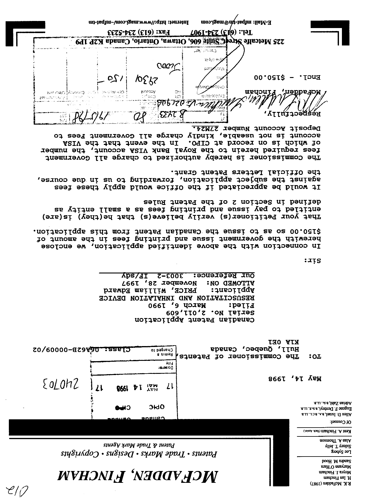 Canadian Patent Document 2011609. Correspondence 19971214. Image 1 of 1