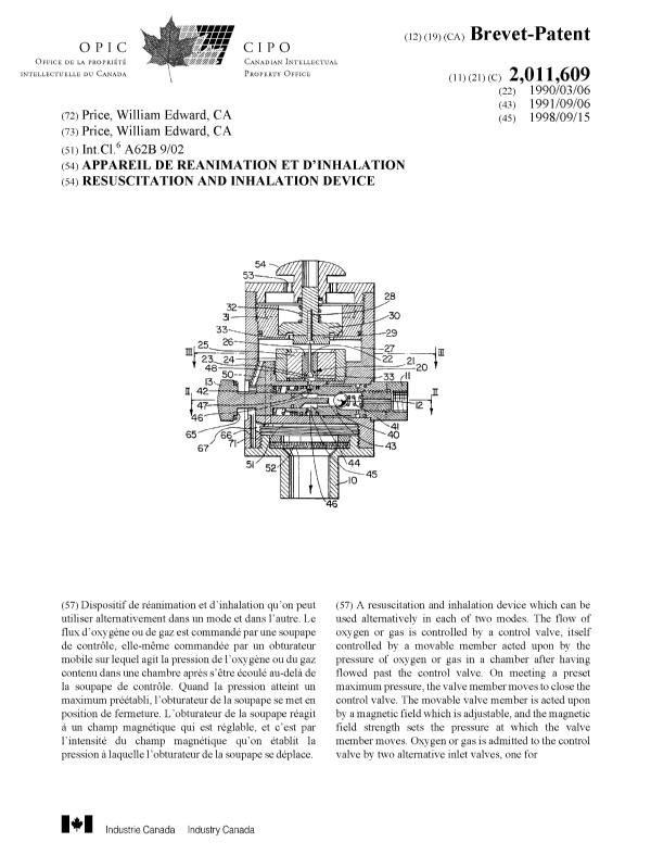 Canadian Patent Document 2011609. Cover Page 19971221. Image 1 of 2