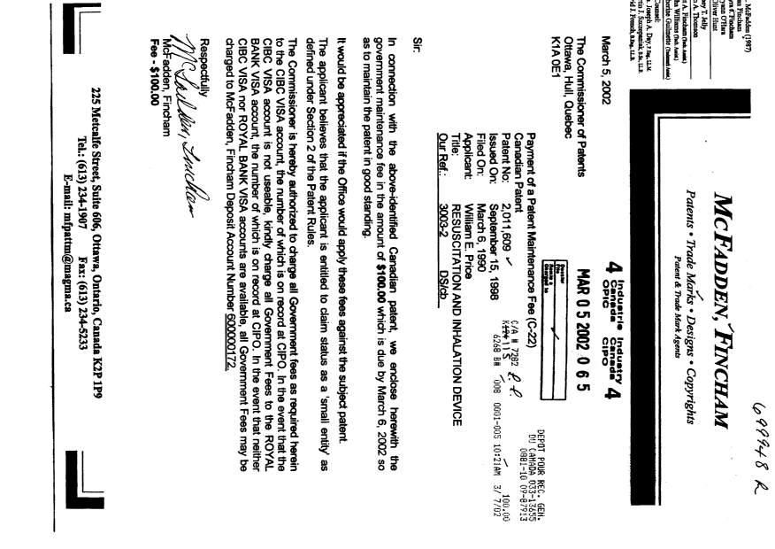 Canadian Patent Document 2011609. Fees 20011205. Image 1 of 1