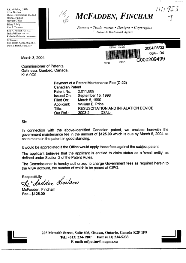 Canadian Patent Document 2011609. Fees 20031203. Image 1 of 1