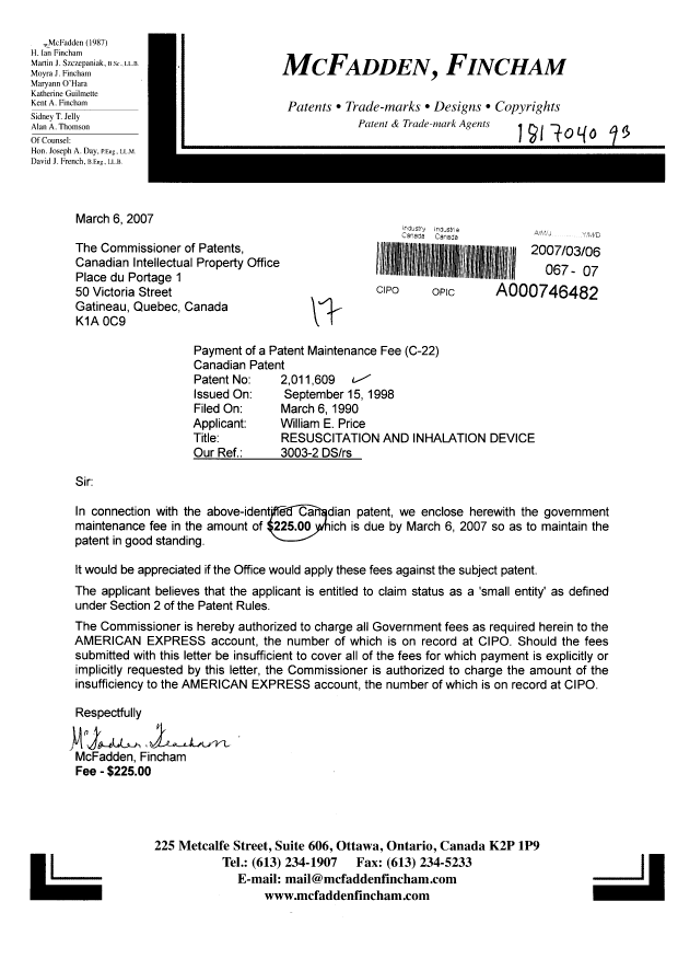 Canadian Patent Document 2011609. Fees 20061206. Image 1 of 1