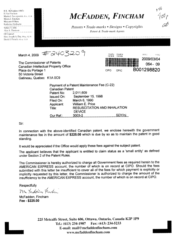 Canadian Patent Document 2011609. Correspondence 20081204. Image 1 of 1