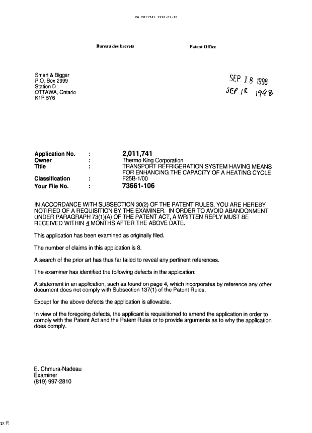 Document de brevet canadien 2011741. Demande d'examen 19980918. Image 1 de 1