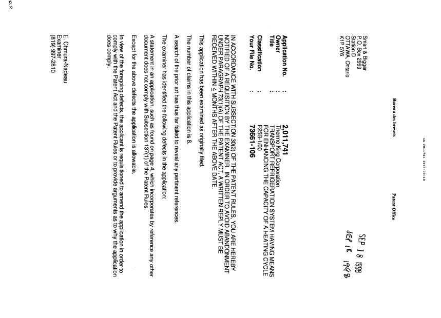 Canadian Patent Document 2011741. Examiner Requisition 19980918. Image 1 of 1