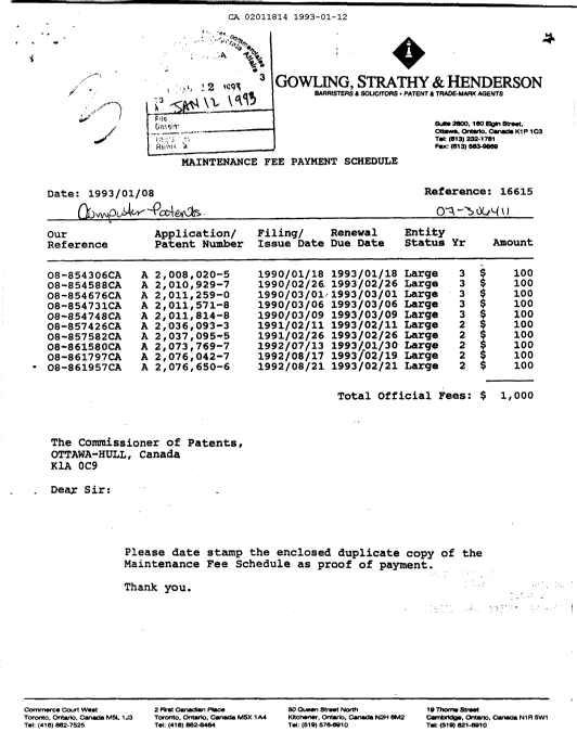Document de brevet canadien 2011814. Taxes 19930112. Image 1 de 1