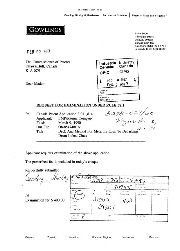 Document de brevet canadien 2011814. Correspondance de la poursuite 19970203. Image 1 de 1
