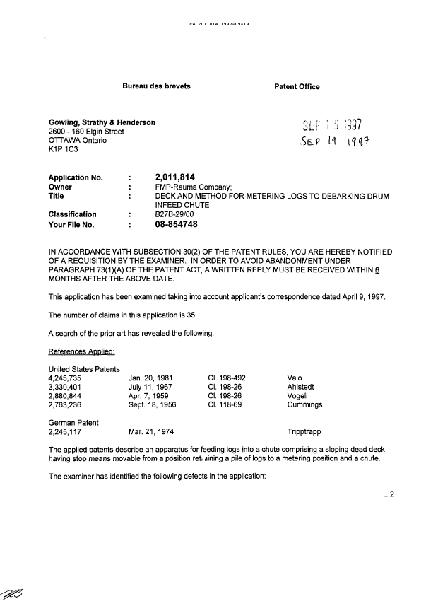Document de brevet canadien 2011814. Demande d'examen 19970919. Image 1 de 2