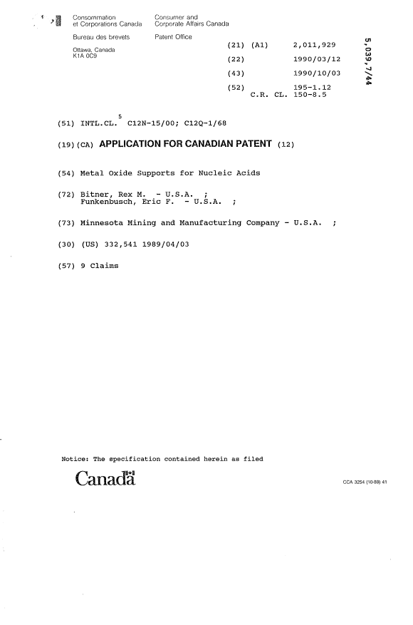 Canadian Patent Document 2011929. Cover Page 19901003. Image 1 of 1