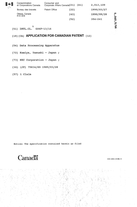 Canadian Patent Document 2013109. Cover Page 19940226. Image 1 of 1