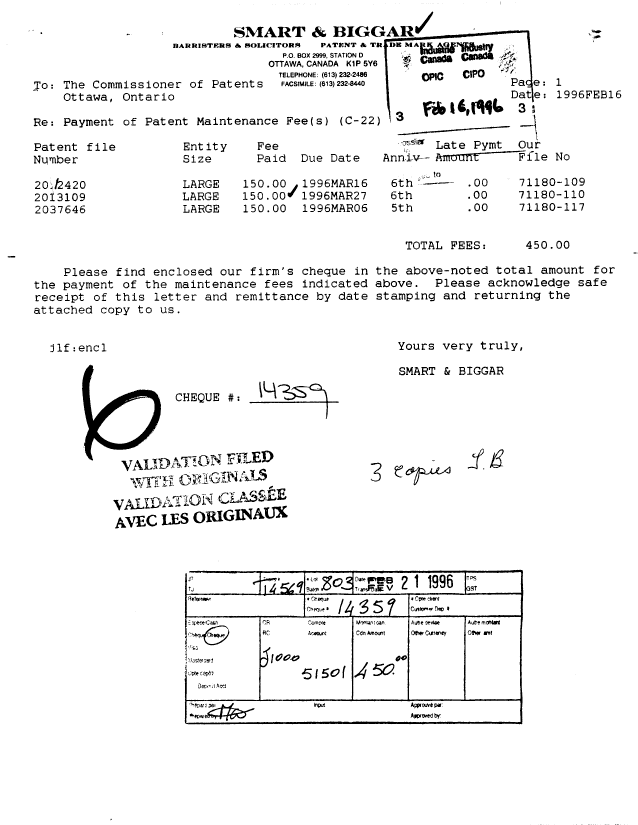 Canadian Patent Document 2013109. Fees 19960216. Image 1 of 1