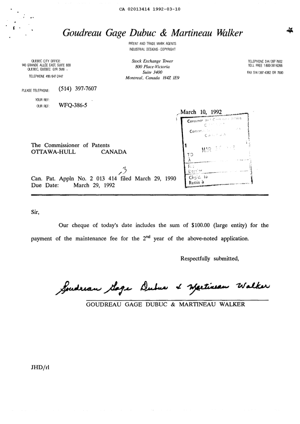 Document de brevet canadien 2013414. Taxes 19920310. Image 1 de 1