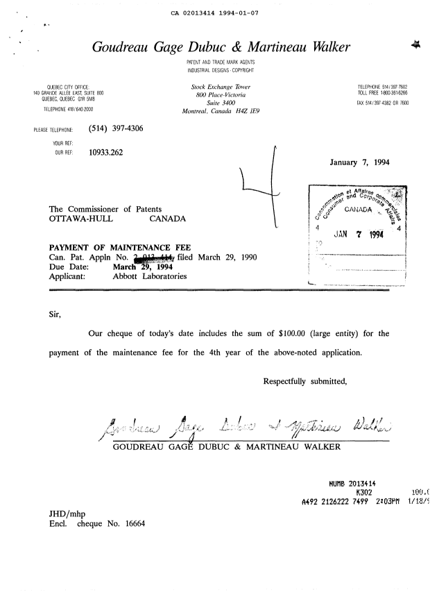 Document de brevet canadien 2013414. Taxes 19940107. Image 1 de 1