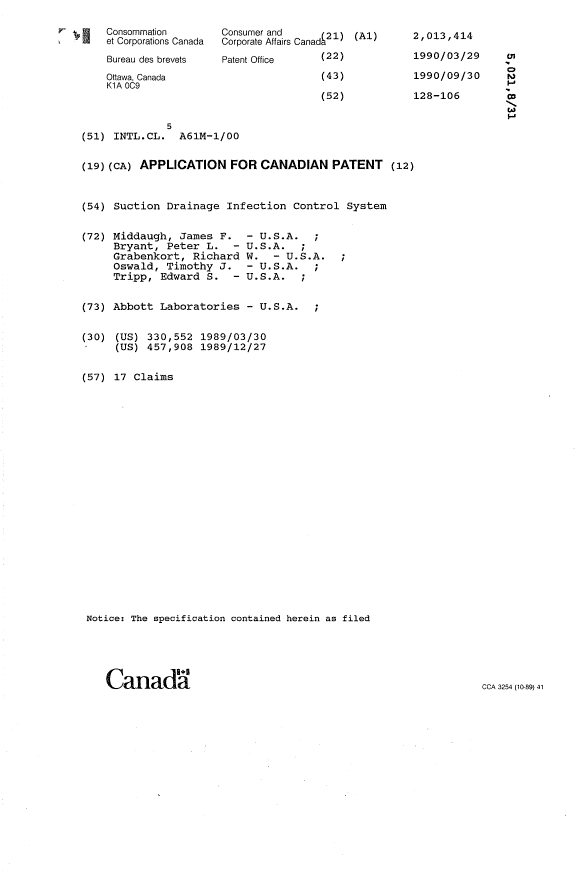 Document de brevet canadien 2013414. Page couverture 19940409. Image 1 de 1