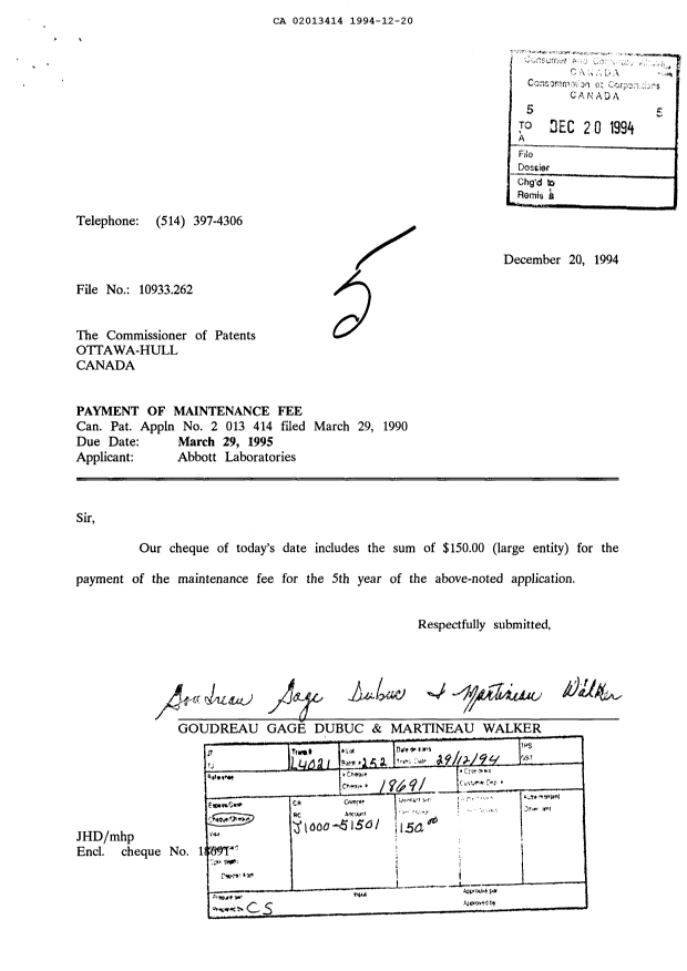 Document de brevet canadien 2013414. Taxes 19941220. Image 1 de 1