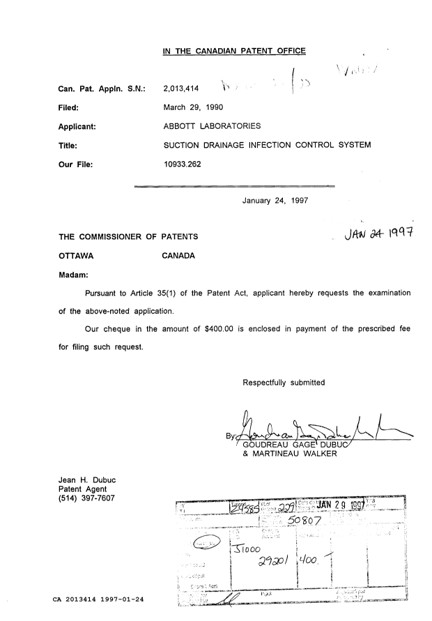 Document de brevet canadien 2013414. Correspondance de la poursuite 19970124. Image 1 de 1