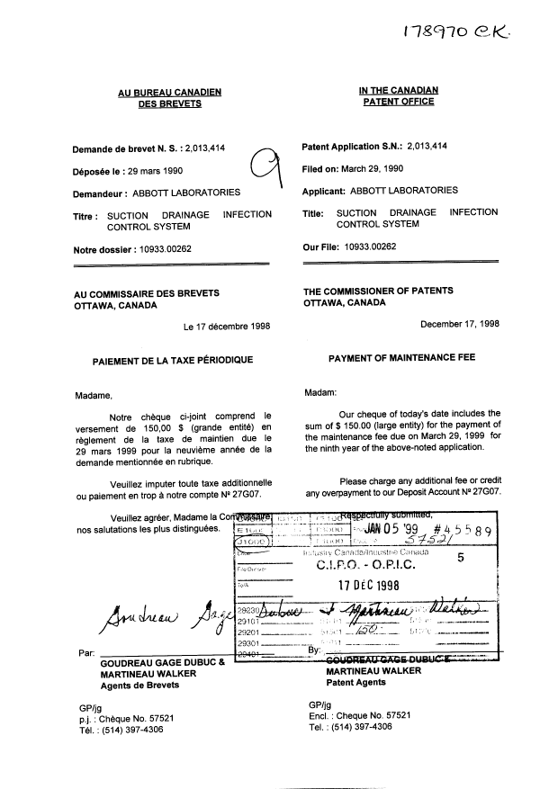 Document de brevet canadien 2013414. Taxes 19981217. Image 1 de 1