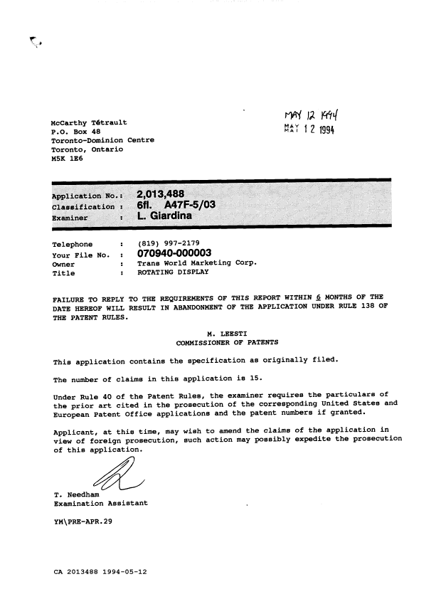 Canadian Patent Document 2013488. Examiner Requisition 19940512. Image 1 of 1