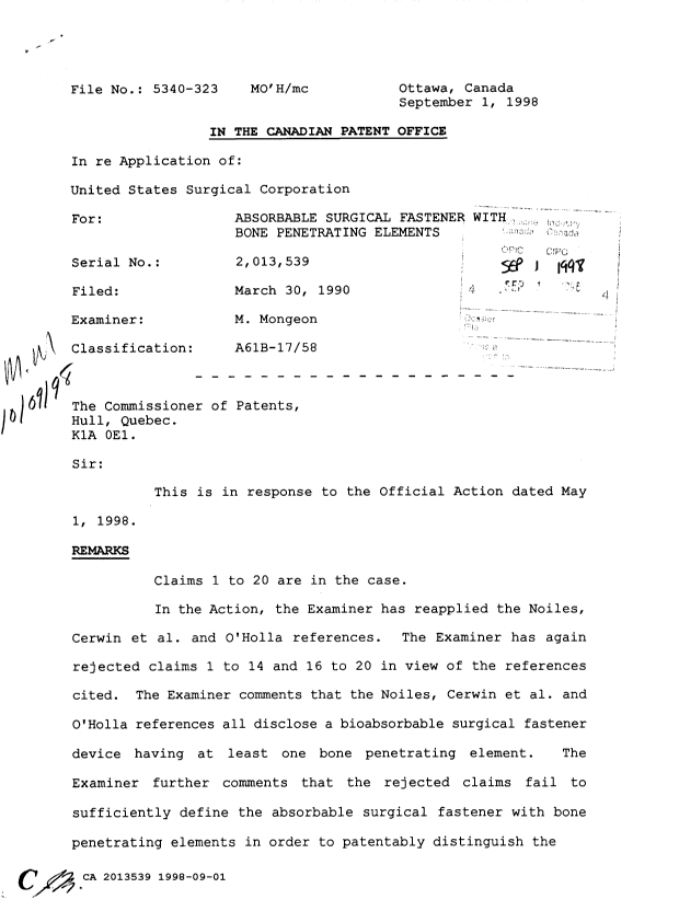 Canadian Patent Document 2013539. Prosecution Correspondence 19980901. Image 1 of 4