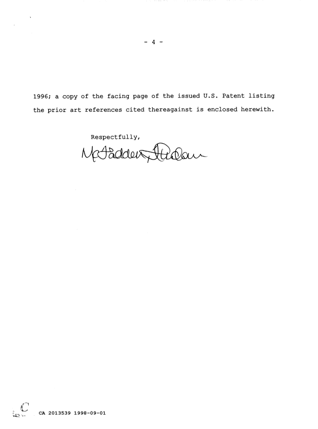Canadian Patent Document 2013539. Prosecution Correspondence 19980901. Image 4 of 4