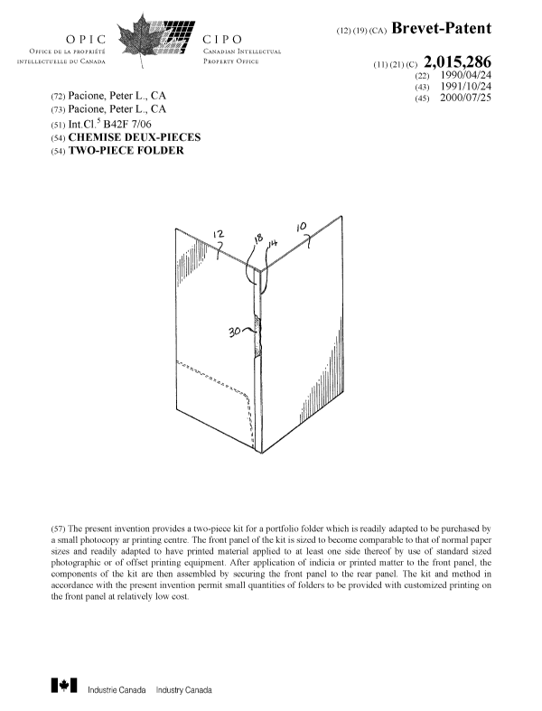 Canadian Patent Document 2015286. Cover Page 19991230. Image 1 of 1