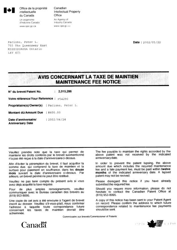 Canadian Patent Document 2015286. Correspondence 20011222. Image 1 of 3