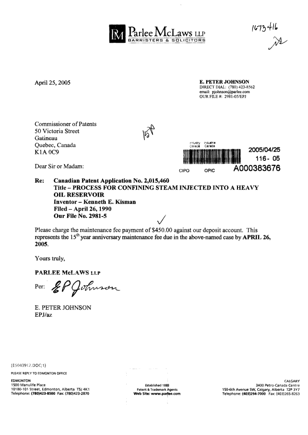 Document de brevet canadien 2015460. Taxes 20050425. Image 1 de 1