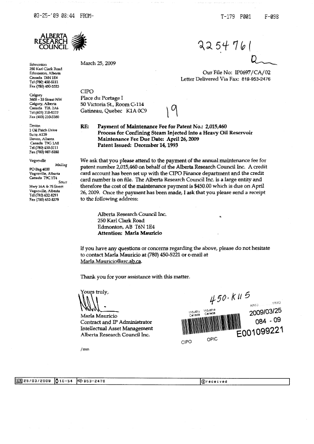 Canadian Patent Document 2015460. Fees 20090325. Image 1 of 1