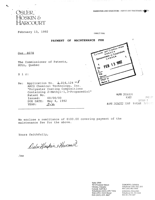 Document de brevet canadien 2016124. Taxes 19920213. Image 1 de 1