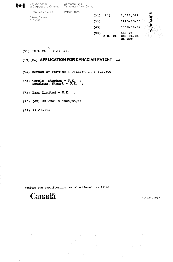 Canadian Patent Document 2016529. Cover Page 19971228. Image 1 of 1