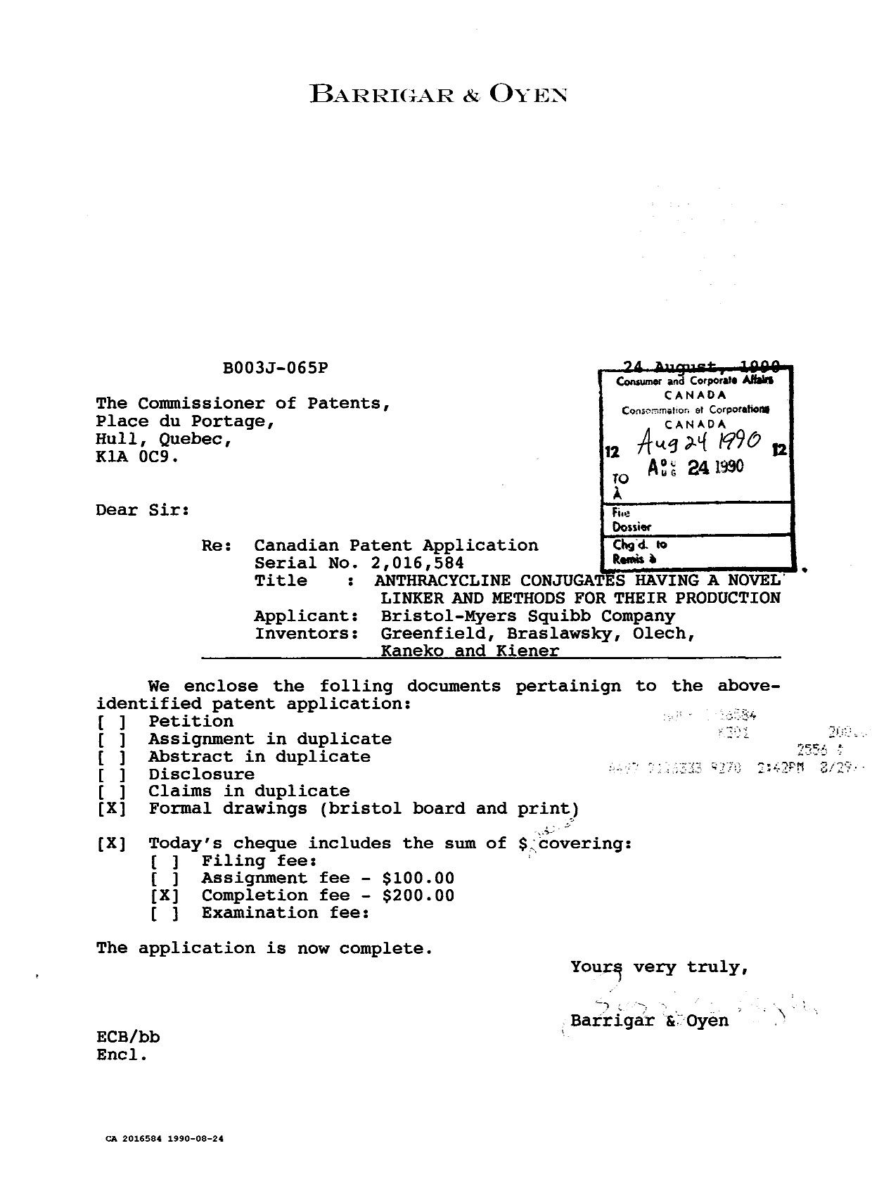 Canadian Patent Document 2016584. Prosecution Correspondence 19900824. Image 1 of 1