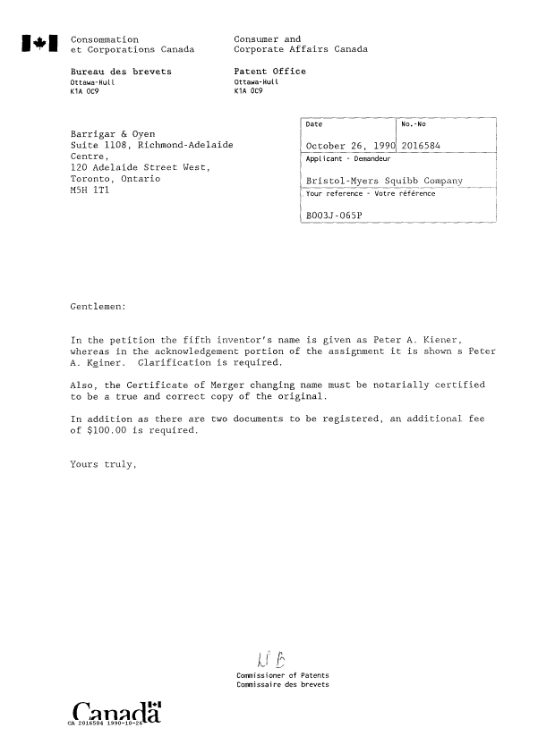 Document de brevet canadien 2016584. Lettre du bureau 19901026. Image 1 de 1