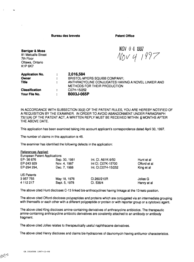Document de brevet canadien 2016584. Demande d'examen 19971104. Image 1 de 2
