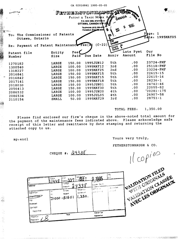 Document de brevet canadien 2016841. Taxes 19950505. Image 1 de 1