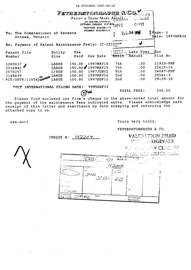 Canadian Patent Document 2016842. Fees 19970424. Image 1 of 1