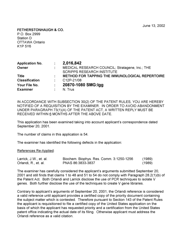 Canadian Patent Document 2016842. Prosecution-Amendment 20020613. Image 1 of 2