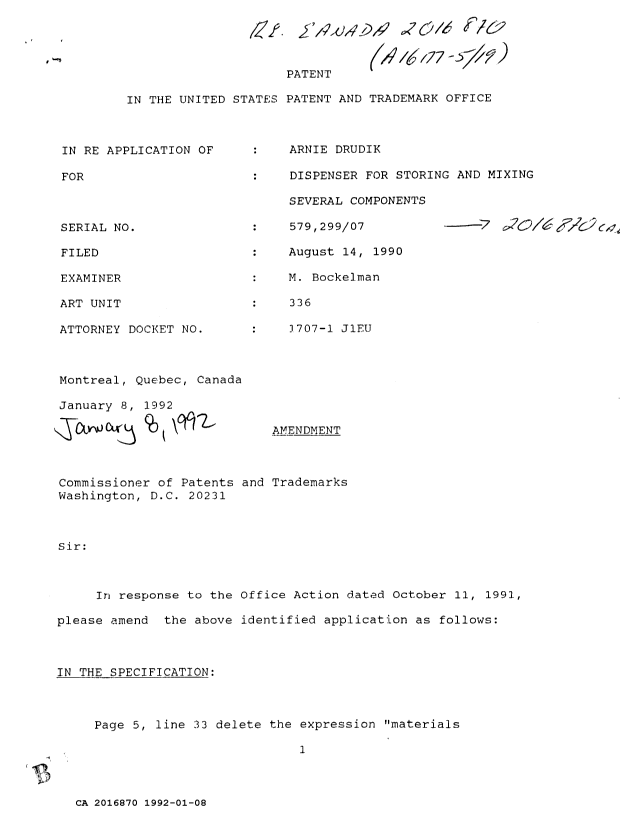 Canadian Patent Document 2016870. Prosecution Correspondence 19920108. Image 1 of 18