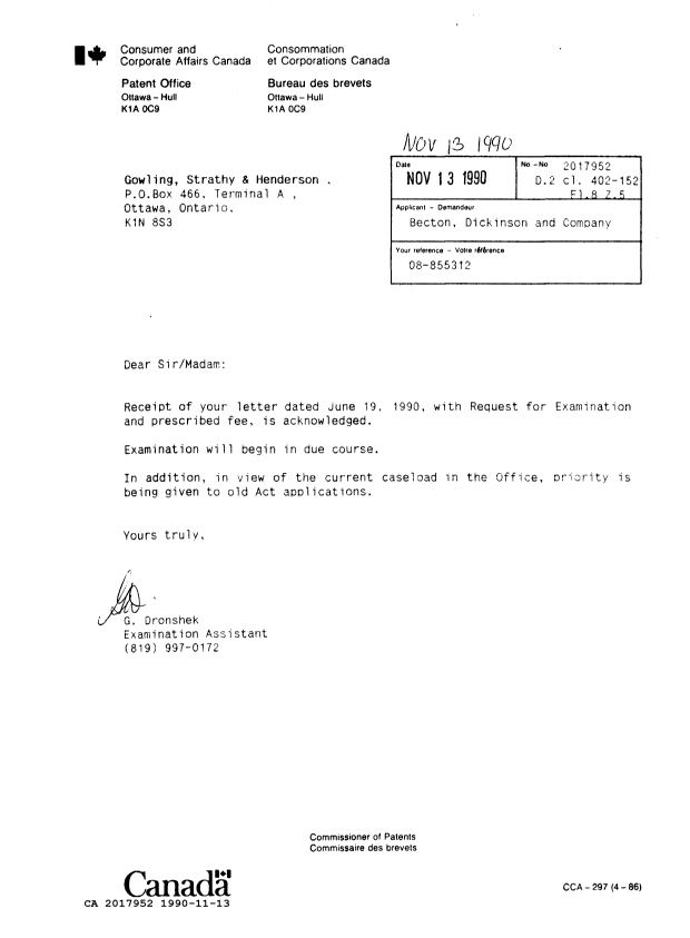 Document de brevet canadien 2017952. Lettre du bureau 19901113. Image 1 de 1