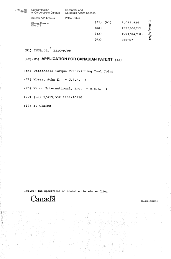 Canadian Patent Document 2018826. Cover Page 19940313. Image 1 of 1
