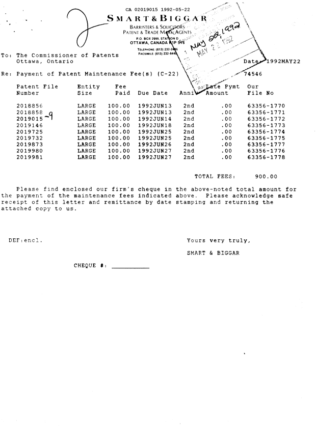 Document de brevet canadien 2019015. Taxes 19920522. Image 1 de 1