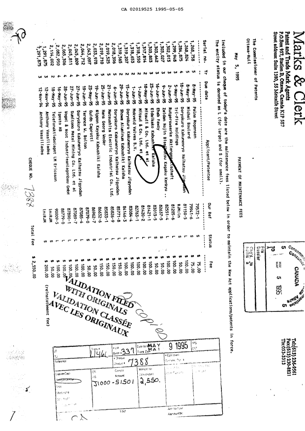 Document de brevet canadien 2019525. Taxes 19950505. Image 1 de 1