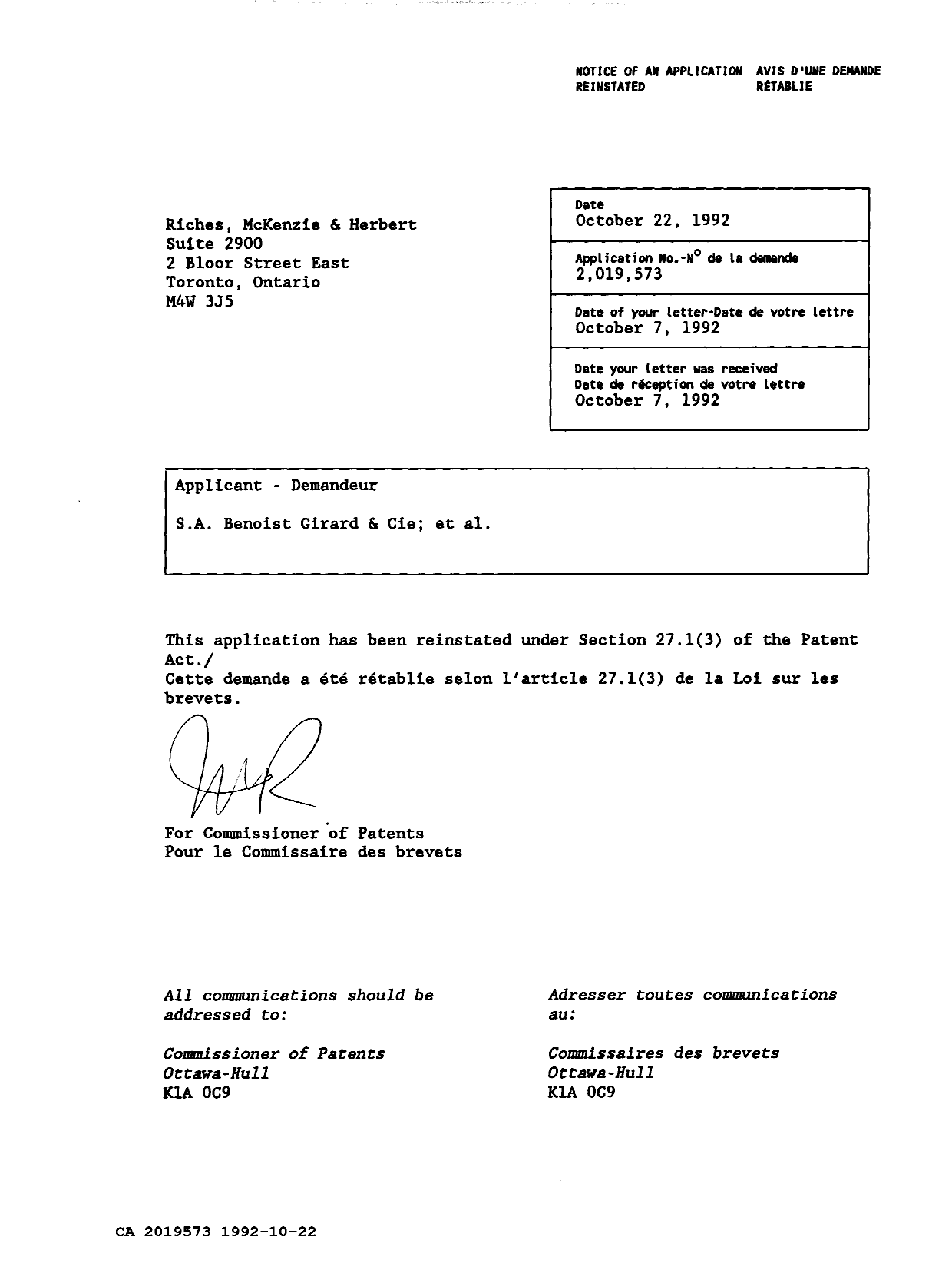 Canadian Patent Document 2019573. Office Letter 19921022. Image 1 of 1