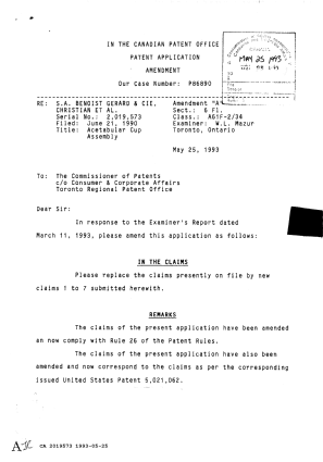 Canadian Patent Document 2019573. Prosecution Correspondence 19930525. Image 1 of 2