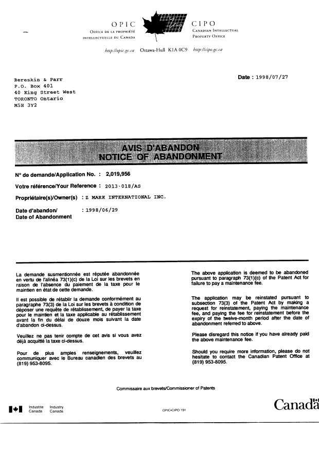 Canadian Patent Document 2019956. Fees 19980727. Image 1 of 3