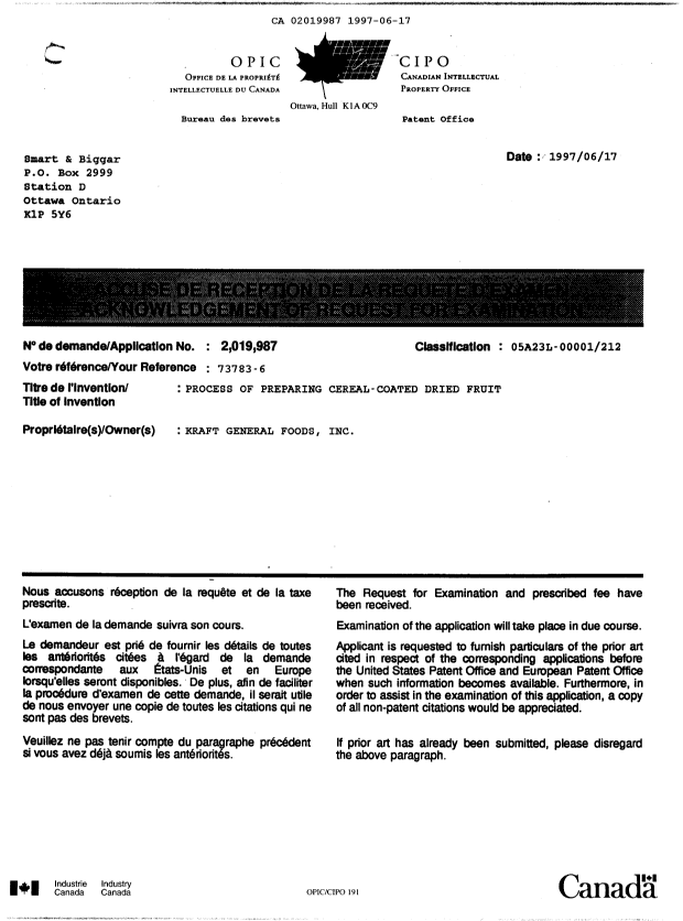 Document de brevet canadien 2019987. Correspondance 19970617. Image 1 de 1