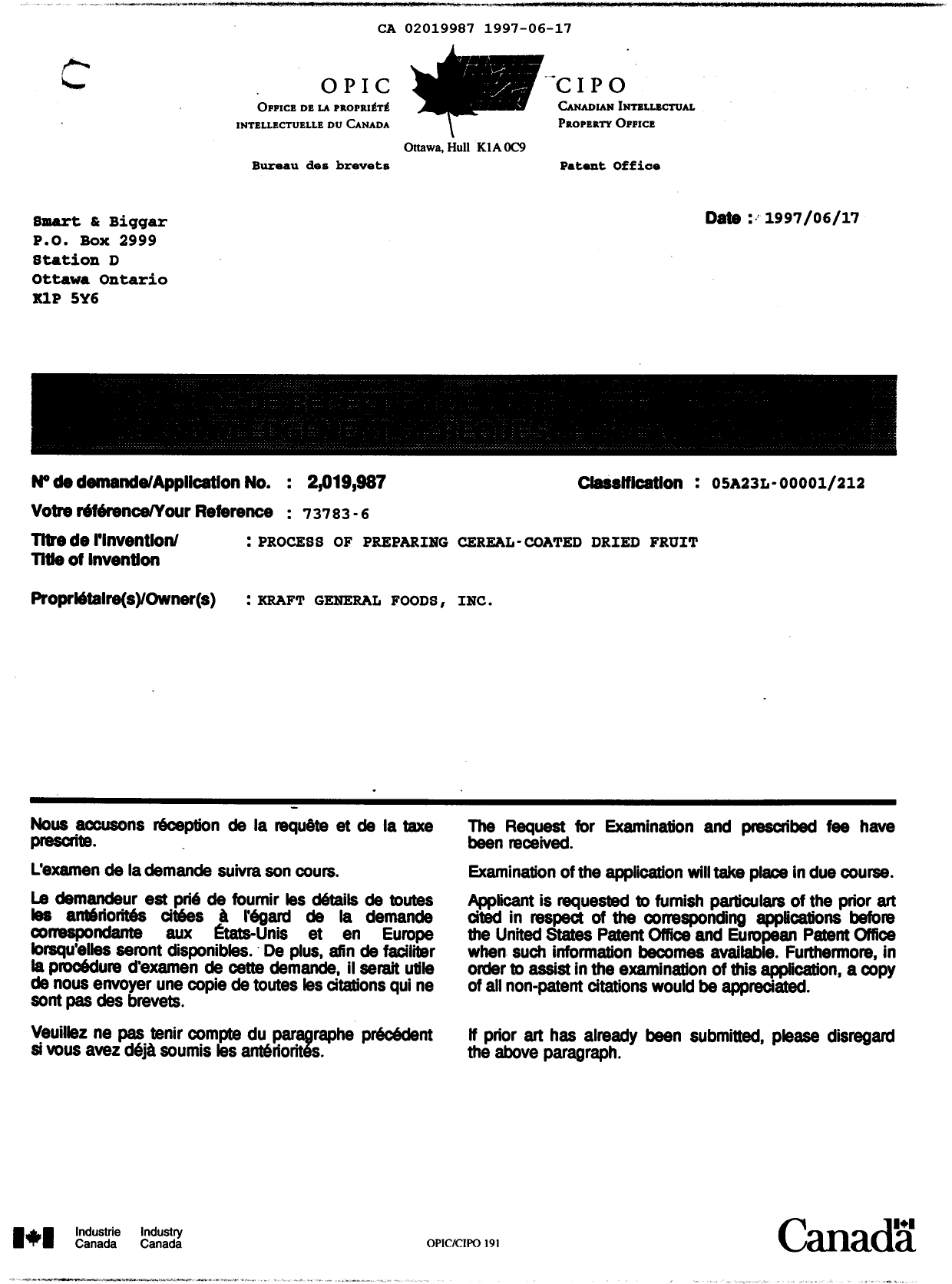 Canadian Patent Document 2019987. Correspondence 19970617. Image 1 of 1